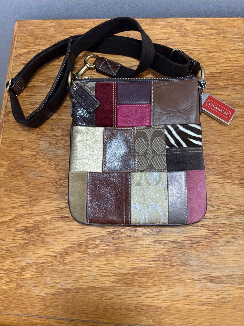 Coach Patchwork Crossbody in Brown, Pink & Gold Accents